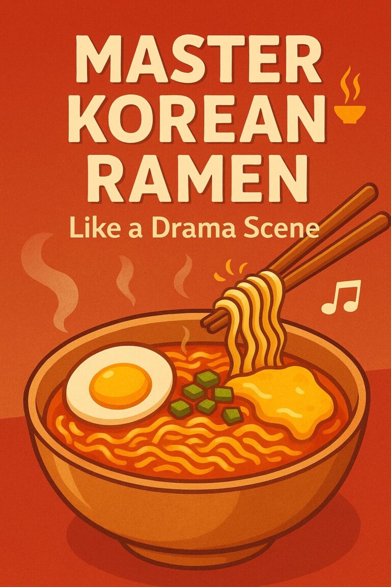 A steaming bowl of Korean ramen with egg, cheese, green onion toppings, and smiling chopsticks on a warm red and gold background.
