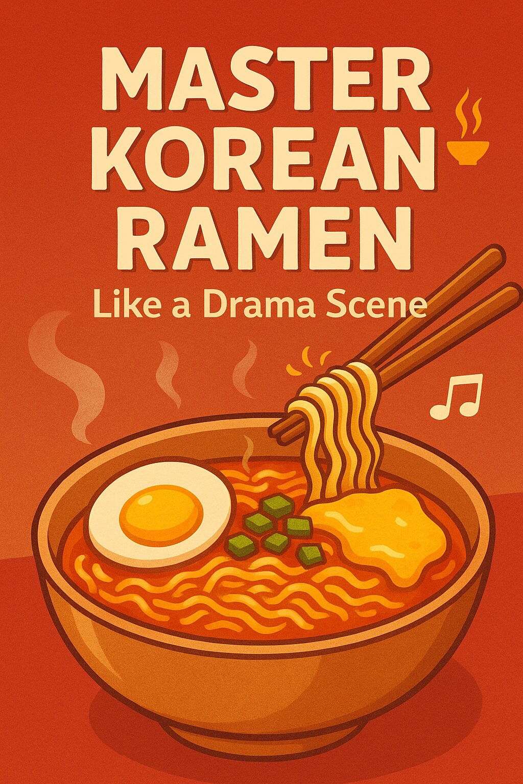 A steaming bowl of Korean ramen with egg, cheese, green onion toppings, and smiling chopsticks on a warm red and gold background.